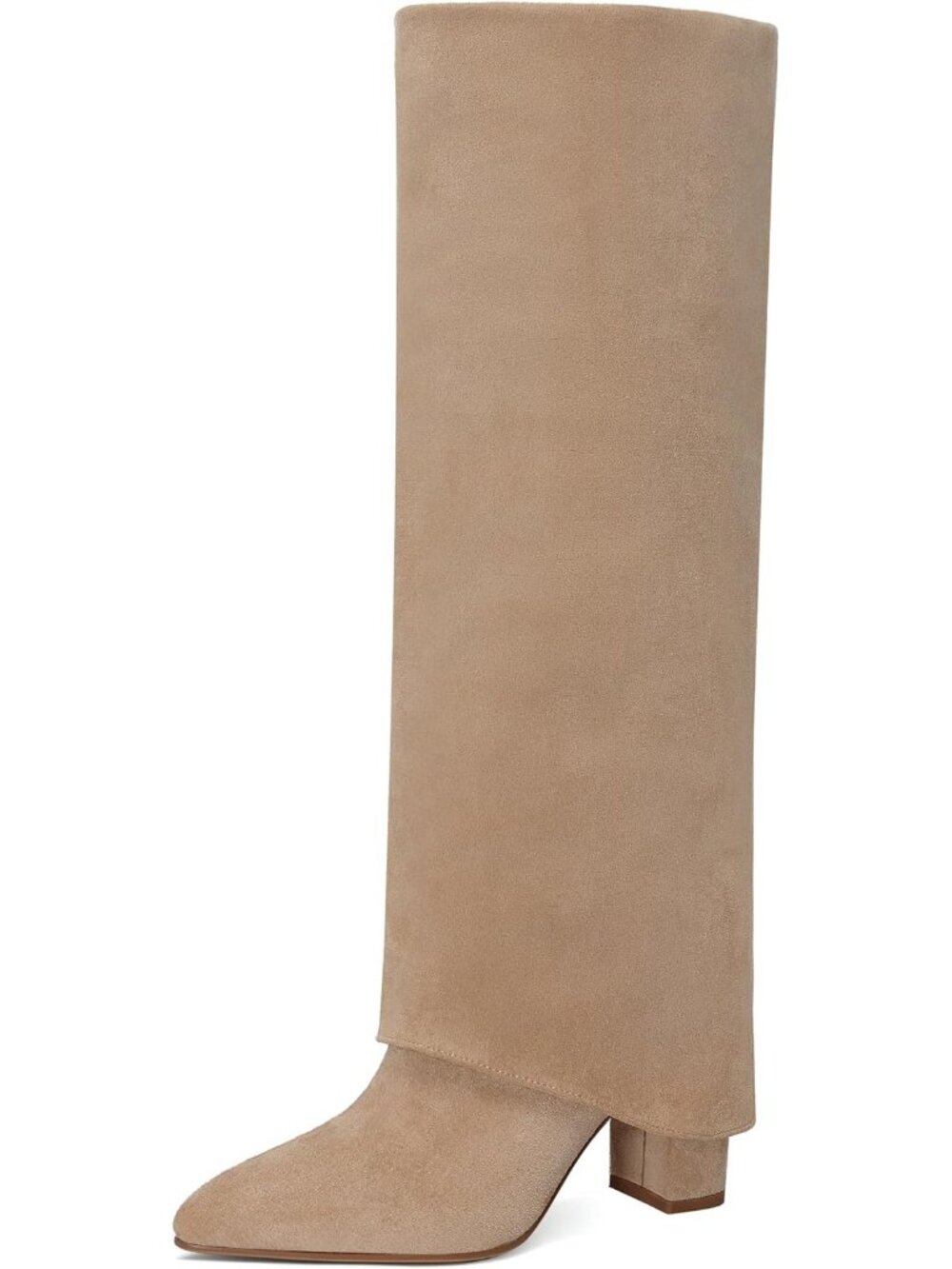 👢Women's Camel Suede Knee High Boots Fold Over Boots Pointed Toe Chunky Boots